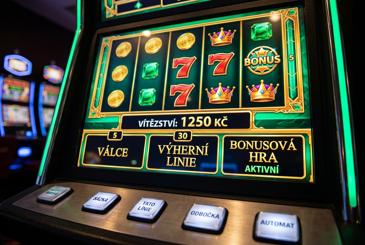Detailní grafické rozhraní moderního výherního automatu s CS popisky